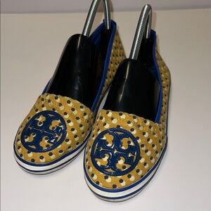 Tory Burch Signature Logo Canvas Pokla Dot Ballet Flat Yellow Blue Women US 7.5